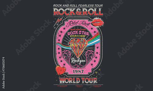 Rock and roll vintage print design. Music world tour vector artwork for apparel, stickers, posters, background and others. Rainbow and diamond design. Lips and heart artwork.