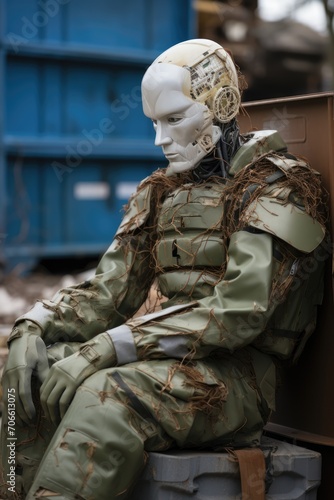 Broken humanoid robot in a dumpster