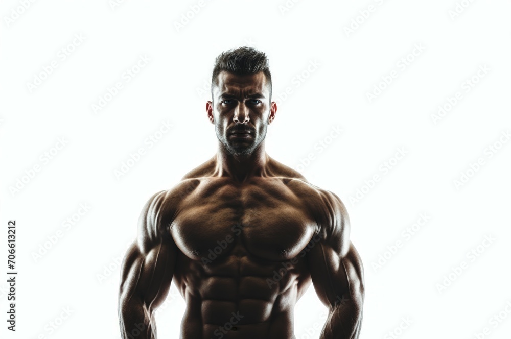 A silhouette of muscular man with a bare chest stands in front of a white background, exhibiting a fierce expression. A silhouette of muscular man with a bare chest stands in front of a white background, exhibiting a fierce expression.
