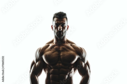 A silhouette of muscular man with a bare chest stands in front of a white background, exhibiting a fierce expression.