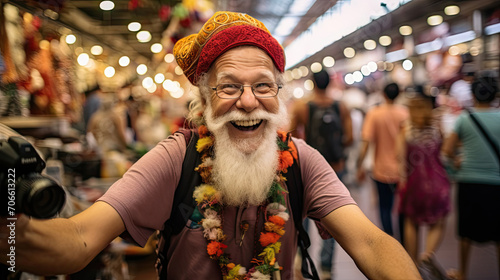 Travel photographer in hat captures lively street market vibes
