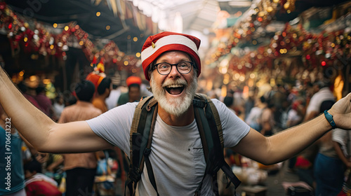 Wanderlust-filled photographer with Santa hat shoots bustling market scene
