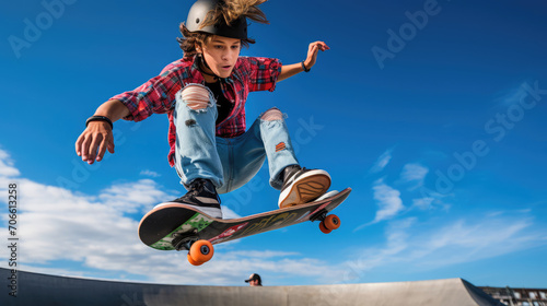 Skateboarder in hat performs ollie in urban skatepark photo