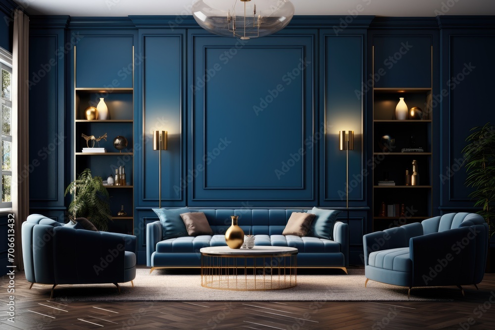Fototapeta premium Blue Living Room With Coordinated Furniture