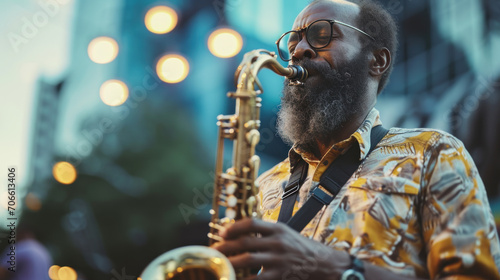 A bearded black American man plays a saxophone
