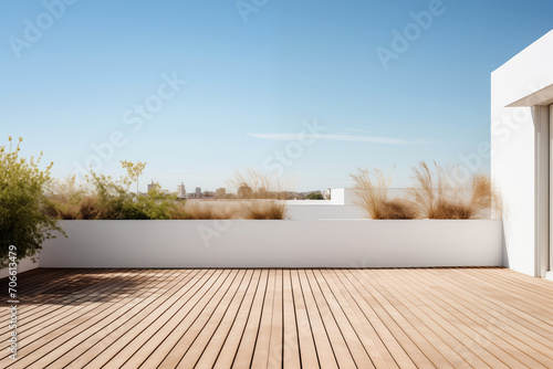 Empty outdoor roof terrace with potted plants in minimal style photo