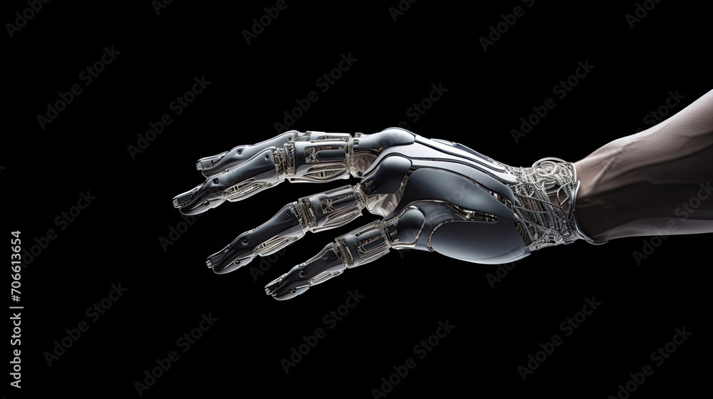 Silver robotic hand forms pointing gesture with precision craftsmanship - obrazy, fototapety, plakaty 