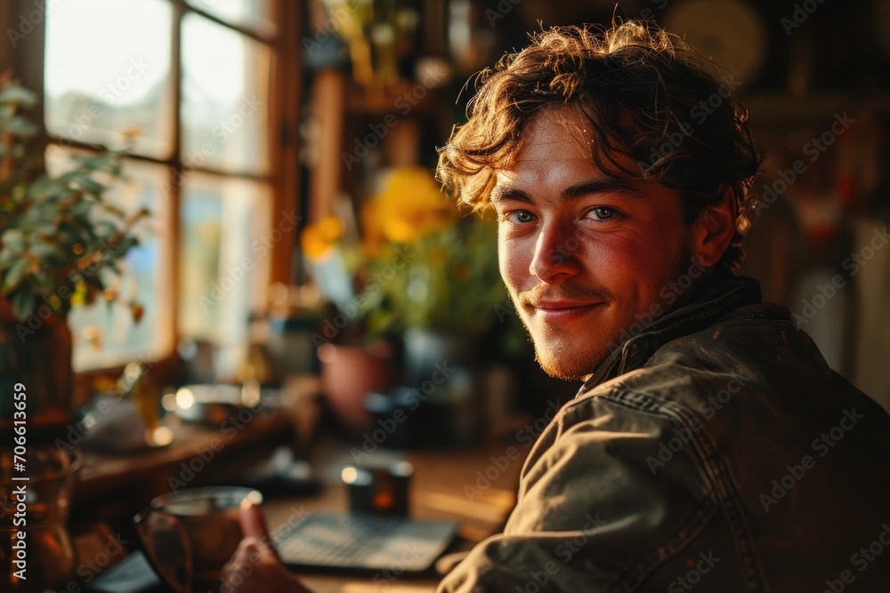 young man smiles with a laptop in a office, cafe young man smiles with a laptop in a office, cafe