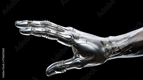 Illuminated silver hand in pointing pose against white backdrop