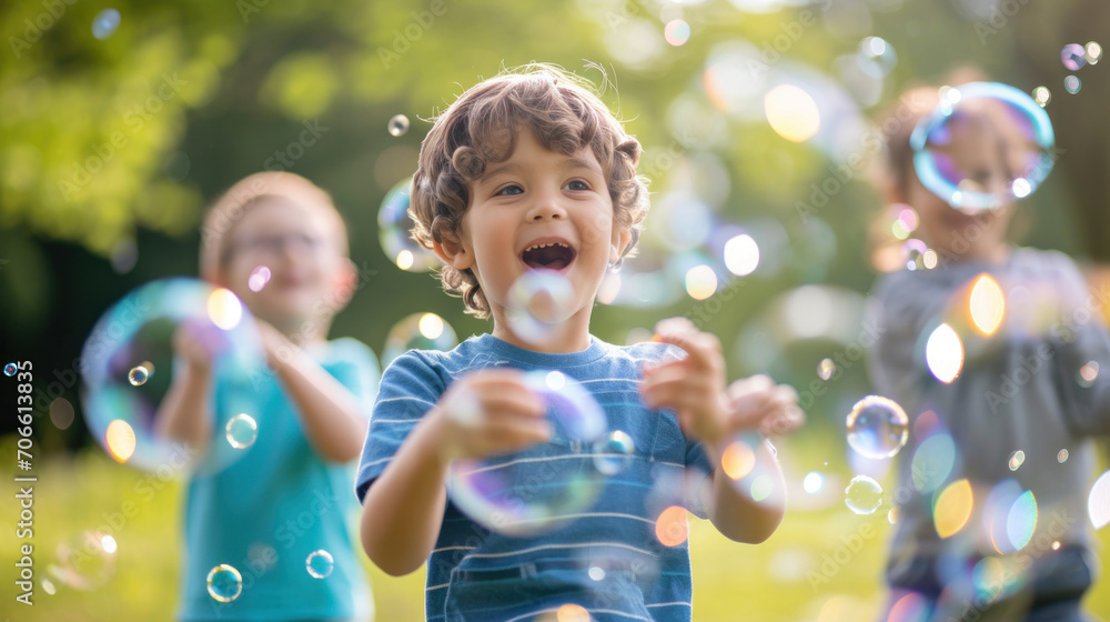 Little boy having fun with friends in park blowing bubbles Little boy having fun with friends in park blowing bubbles