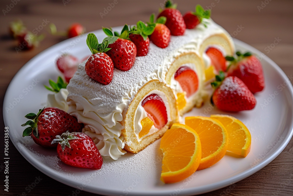 Sponge roll with cream, strawberries, and orange fruits on a white plate against a wooded table background. Homemade food. Sponge roll with cream, strawberries, and orange fruits on a white plate against a wooded table background. Homemade food.