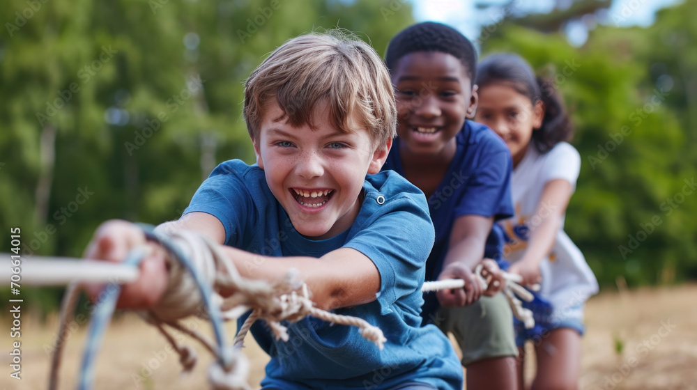A group of kids in a tug-of-war game A group of kids in a tug-of-war game
