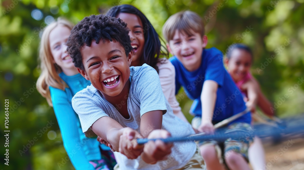 Fototapeta premium A group of kids in a tug-of-war game