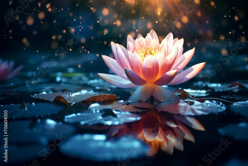 Serene Water lily magical flower. Bloom plant nature exotic purple flowers. Generate Ai © juliars