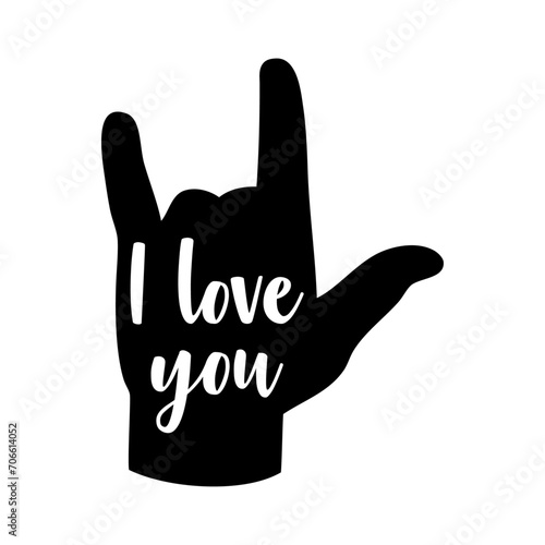 Silueta de mano gesticulando signo de amor con texto I Love you