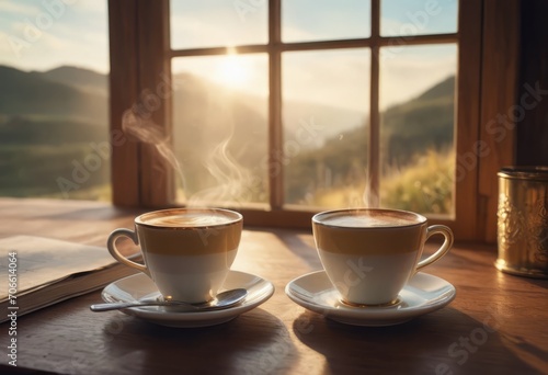 Steam rising from freshly prepared coffee in cup on table at home