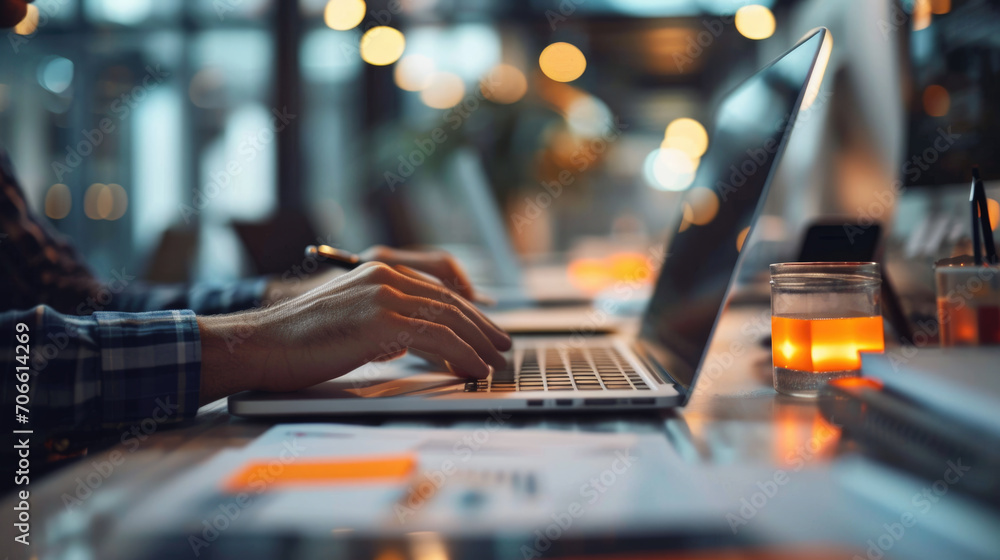 Hands of a person typing on a laptop keyboard with a blurred background of stacked files and documents Hands of a person typing on a laptop keyboard with a blurred background of stacked files and documents