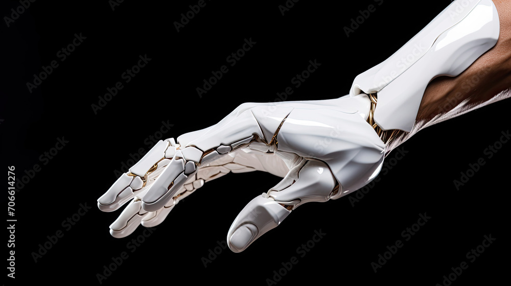 Futuristic robotic fist meets human in fist bump symbolizing integration Futuristic robotic fist meets human in fist bump symbolizing integration