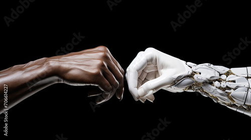 Dynamic collision of robotic and human fists symbolizing unity