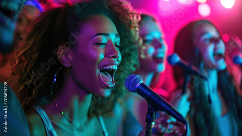 Group of people singing karaoke © EmmaStock