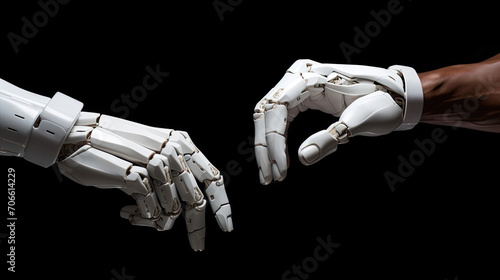 Metallic white robotic fist in powerful fist bump against white setting