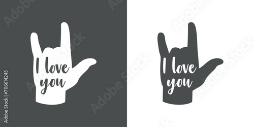 Silueta de mano gesticulando signo de amor con texto I Love you