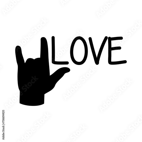 Silueta de mano gesticulando signo de amor con texto Love