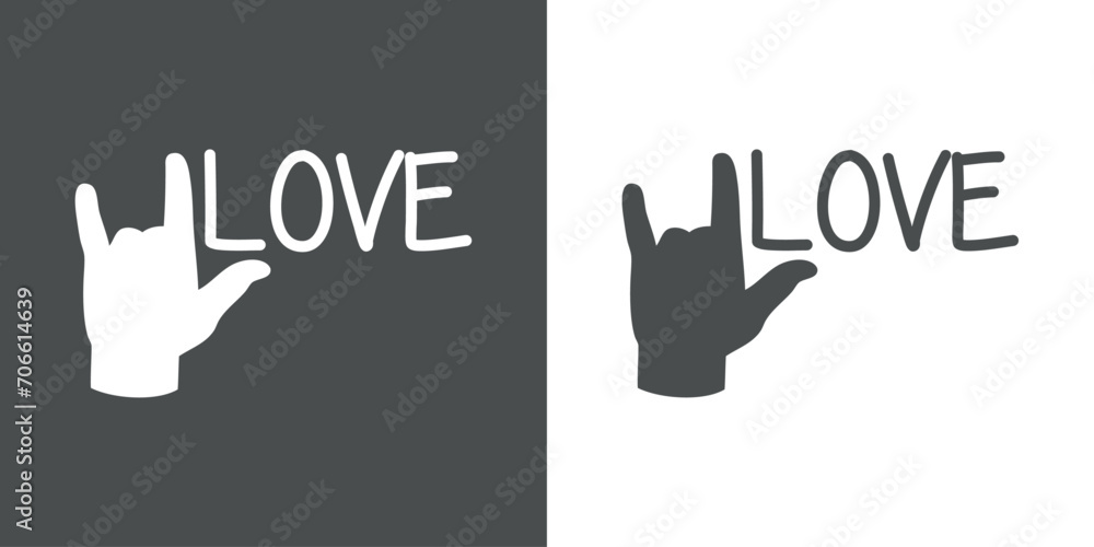 Obraz premium Silueta de mano gesticulando signo de amor con texto Love