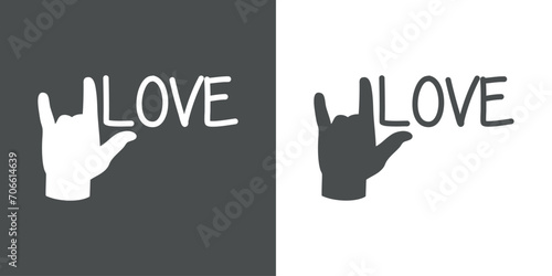Silueta de mano gesticulando signo de amor con texto Love