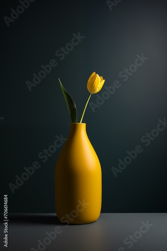 Minimalist still life with a single tulip in a matte vase. 