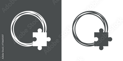 Logo rompecabezas. Marco circular con líneas con silueta de pieza de puzzle
