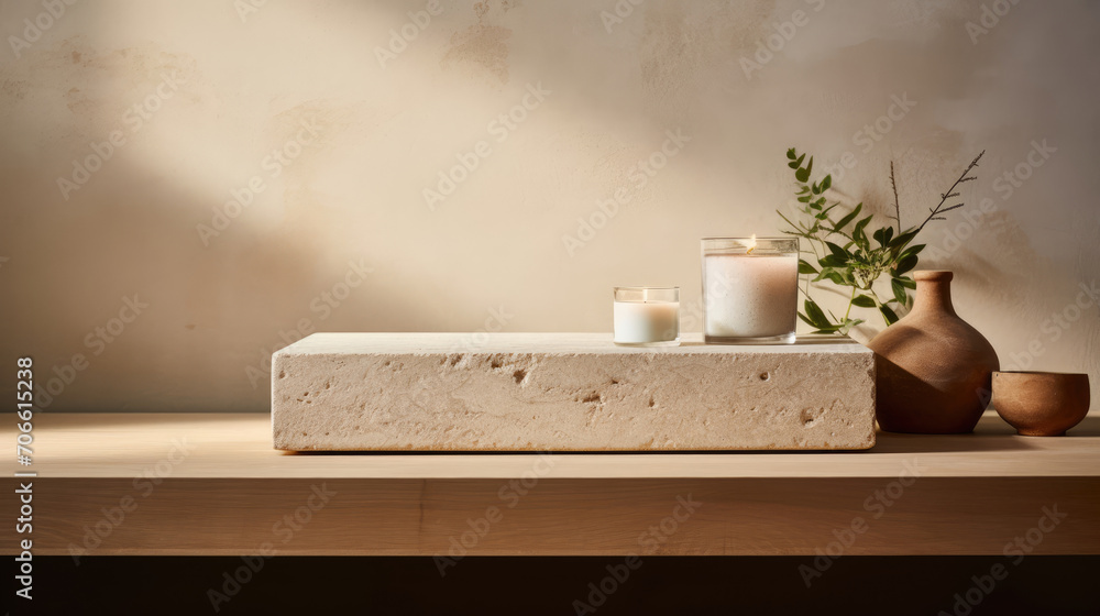 Clean limestone podium ideal for natural skincare products - obrazy, fototapety, plakaty 