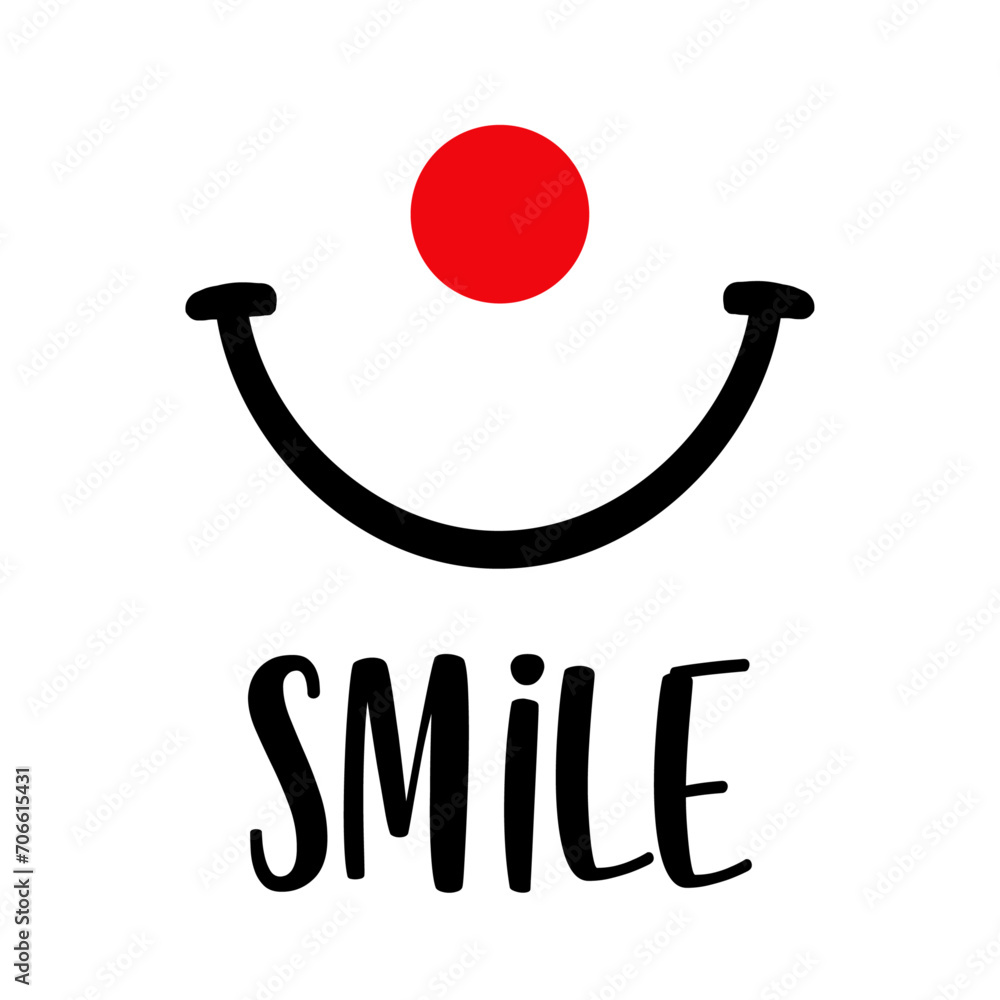 Letras de la palabra smile en texto manuscrito con boca sonriendo y nariz de payaso para su uso en invitaciones y tarjetas Letras de la palabra smile en texto manuscrito con boca sonriendo y nariz de payaso para su uso en invitaciones y tarjetas