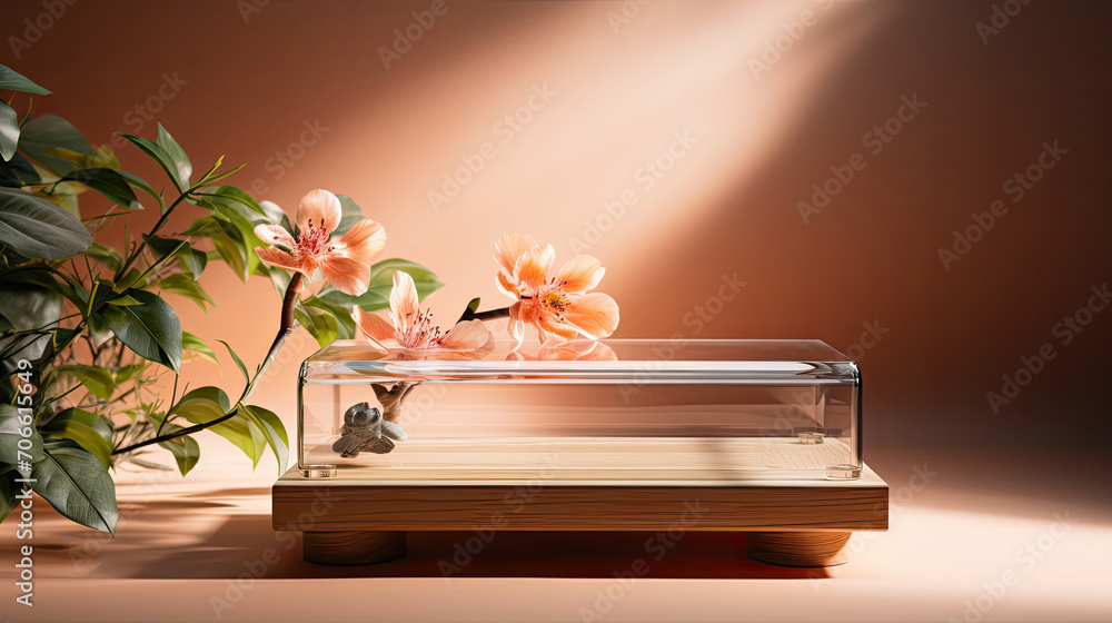 Floating acrylic podium wooden supports coral for wellness - obrazy, fototapety, plakaty 