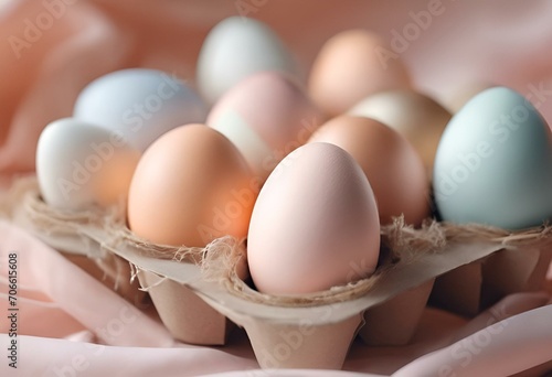 AI generated illustration of beautiful easter eggs close up in pastel peach fuzz photo