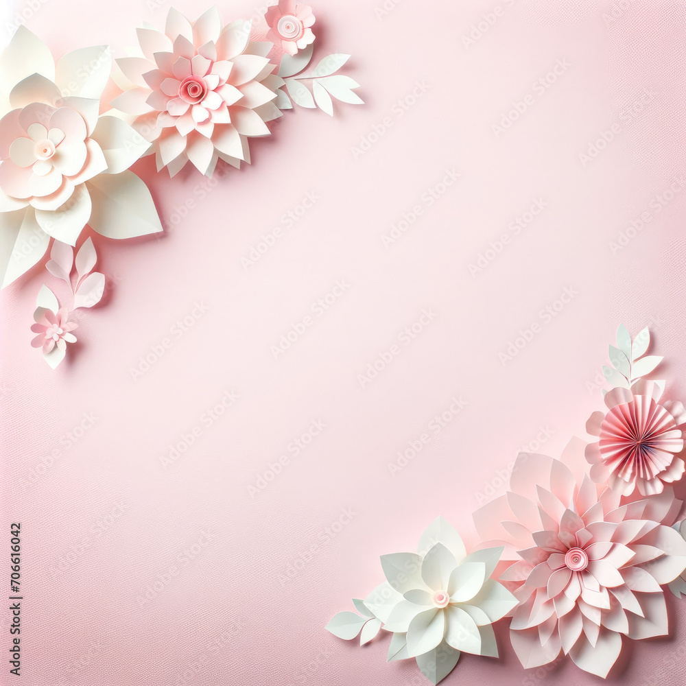 Pink background for Valentine's Day decorated with paper flowers.