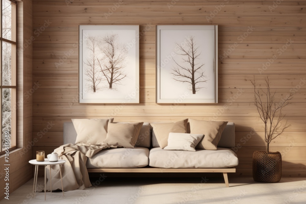 Living Room With Couch and Two Paintings on Wall Living Room With Couch and Two Paintings on Wall