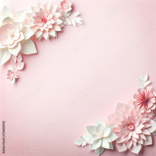 Pink background for Valentine's Day decorated with paper flowers. © Lalita