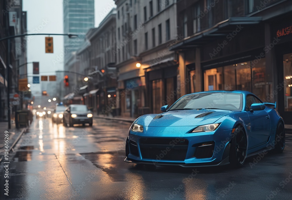 a purple and blue sports car driving down a wet street