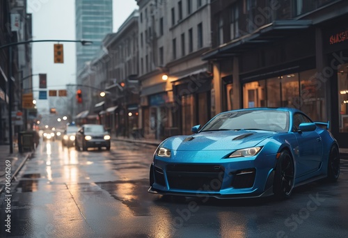 a purple and blue sports car driving down a wet street © Алексей Ковалев