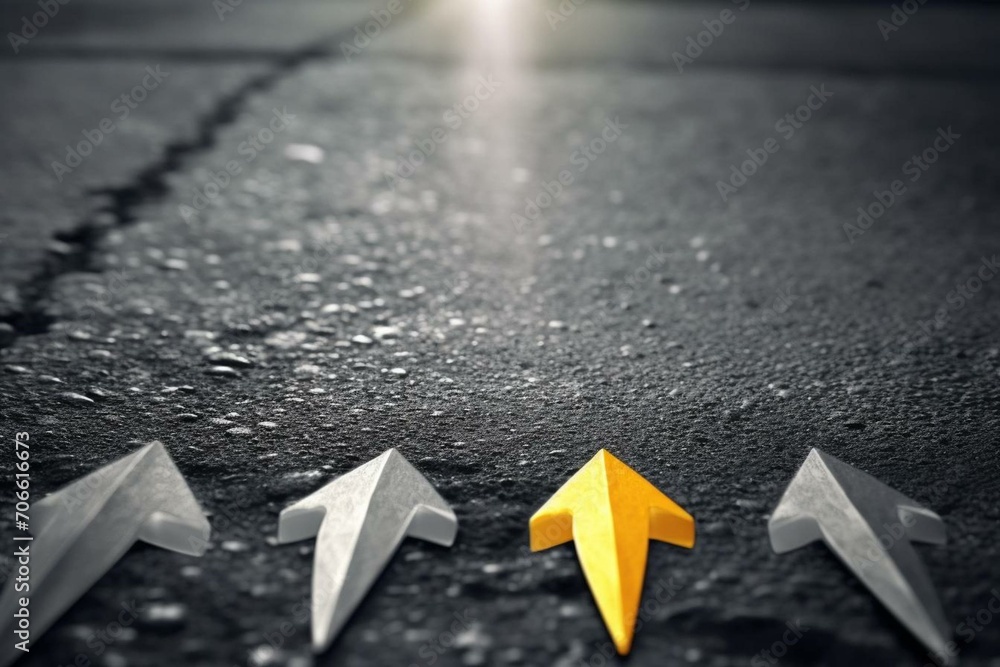 Conceptual illustration of leadership and business growth. Gray asphalt background with a yellow arrow rising above others. 5 arrows with one highlighted as a leader. Generative AI - obrazy, fototapety, plakaty 