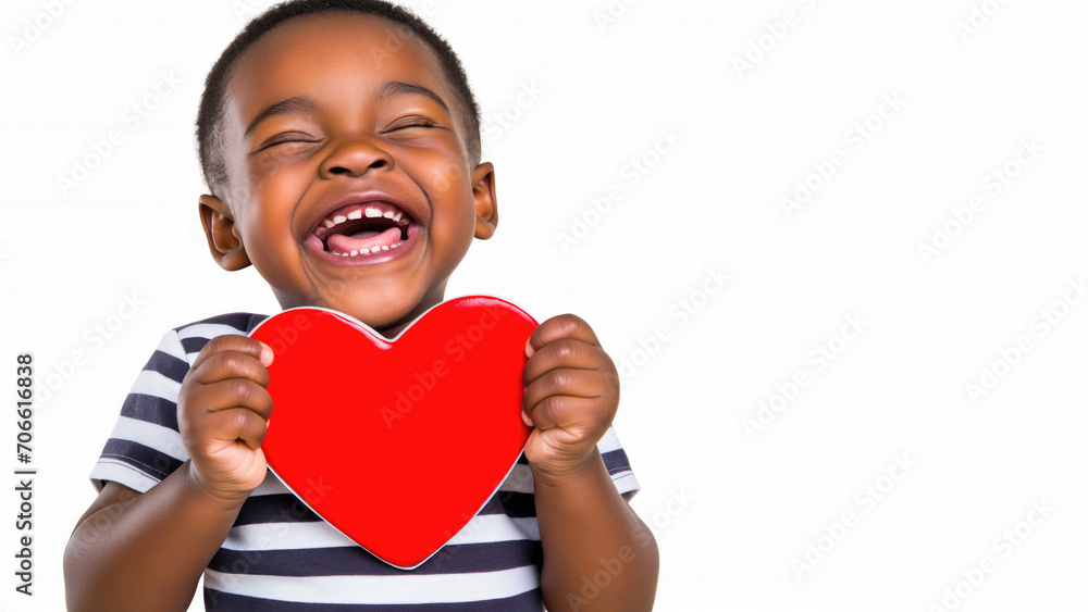 Laughing black boy holding red heart isolated on white background with copy space. Valentine's Day greeting card mockup. Laughing black boy holding red heart isolated on white background with copy space. Valentine's Day greeting card mockup.