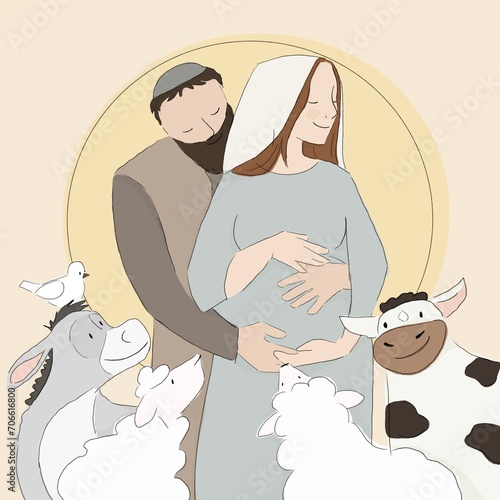 Christmas illustration of Mary and Joseph in the stable