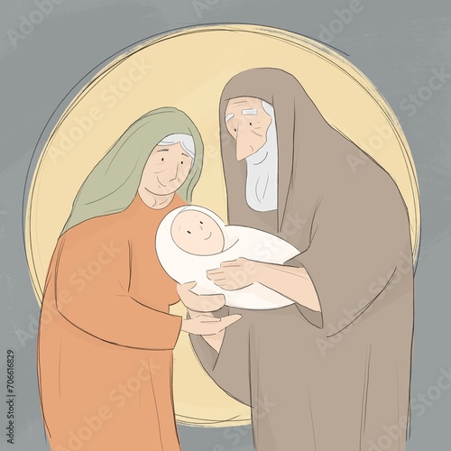 Christmas illustration of Anna and Simeon with Jesus 