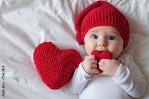 Adorable baby in red knitted hat holding heart in her hands, lying on a bed