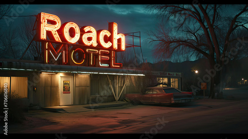 Neon sign for a roach motel - cockroach infested hotel, sleazy cheap roadside accommodation photo