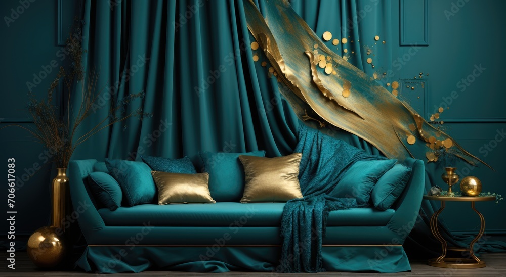 Blue Couch With Gold Pillows in a Living Room