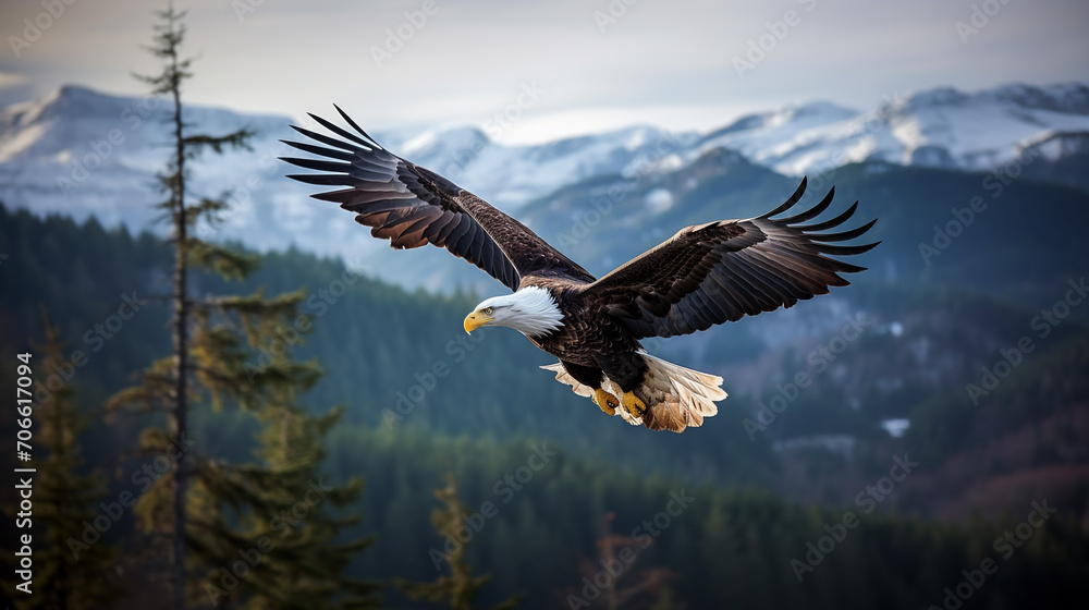 Obraz premium Bald eagle, Haliaeetus leucocephalus, in flight with nature background