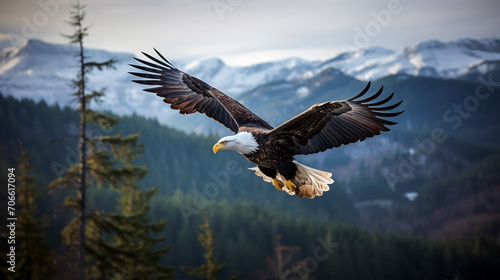 Bald eagle, Haliaeetus leucocephalus, in flight with nature background