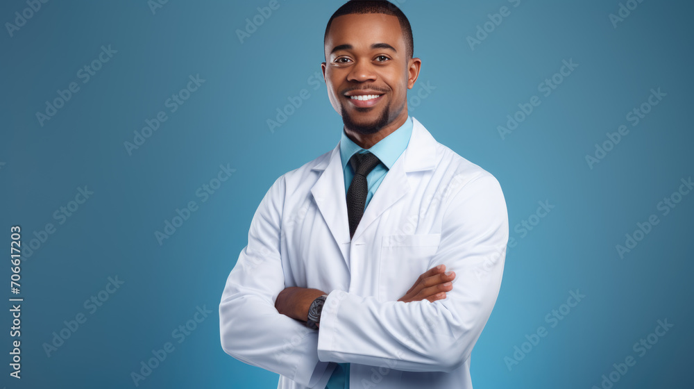 Smiling doctor wearing a white lab coat with a stethoscope around his neck, standing confidently against a colored background. Smiling doctor wearing a white lab coat with a stethoscope around his neck, standing confidently against a colored background.